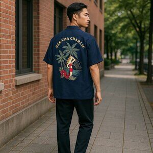 Eagle Dry Goods Mens L Navy 100% Silk Resort Camp Short Sleeve Hawaiian Shirt